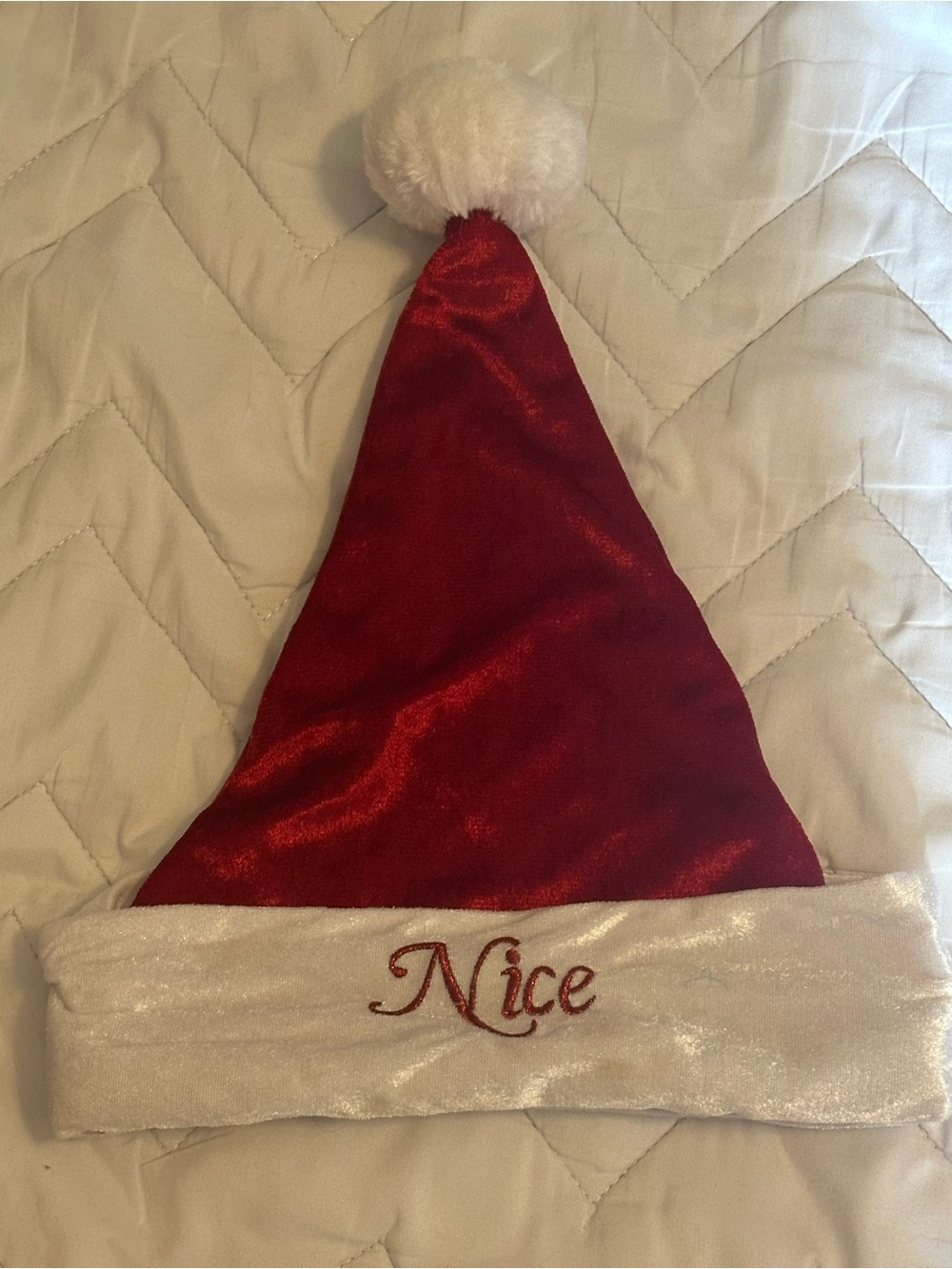 Red Velour 'Nice' ‘Naughty’ Santa Hat with White Trim